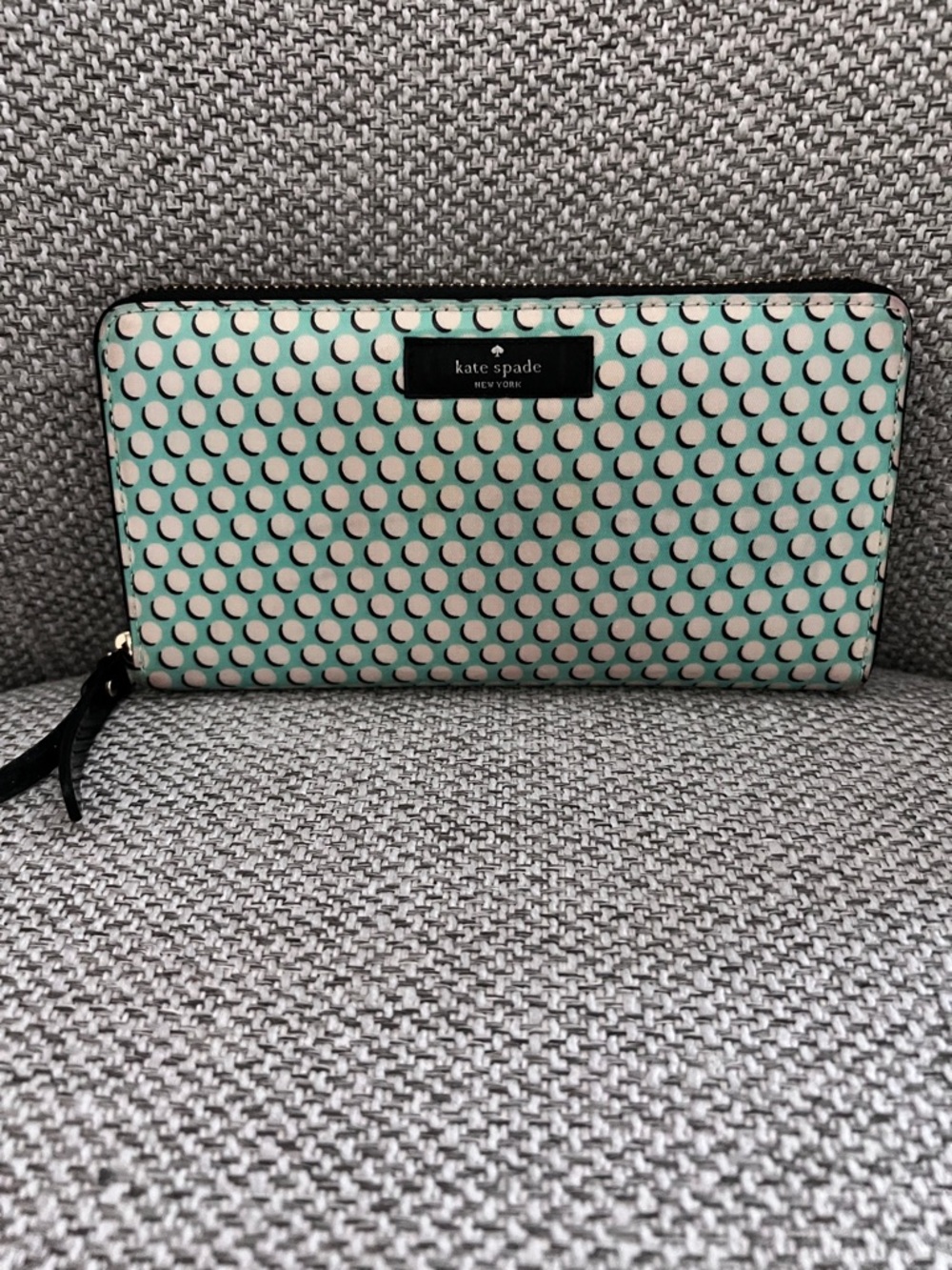 kate spade Mint and Cream Polka Dot Zip Wallet with Black Trim